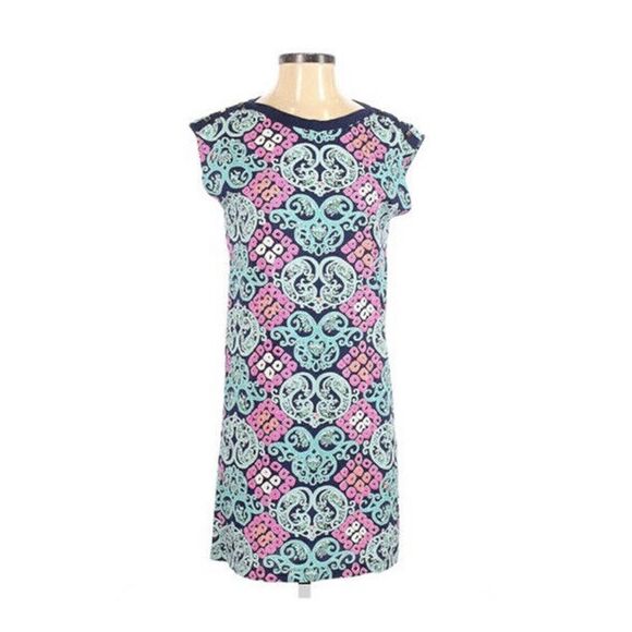 Lilly Pulitzer Behind The Gates Robyn Mini Dress Pink Blue Gold Studs Size XS - Picture 1 of 11